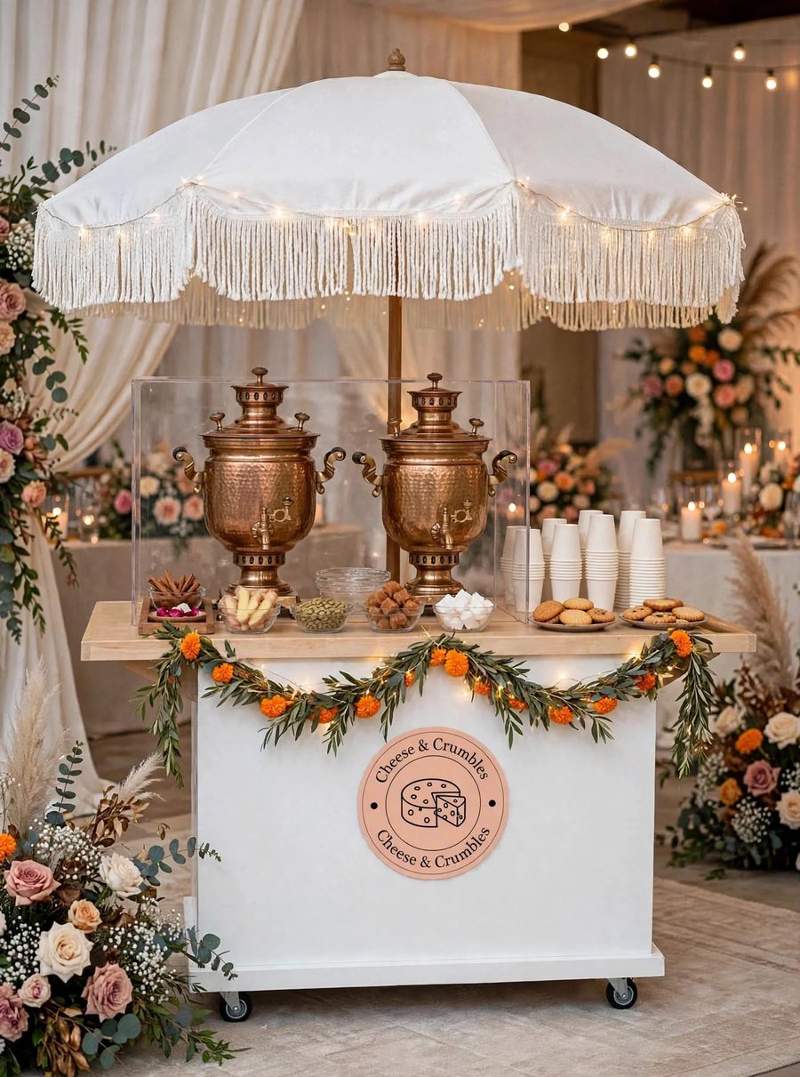 The Cheese & Crumbles chai and coffee cart with two copper urns, whole spices, cups and biscuits