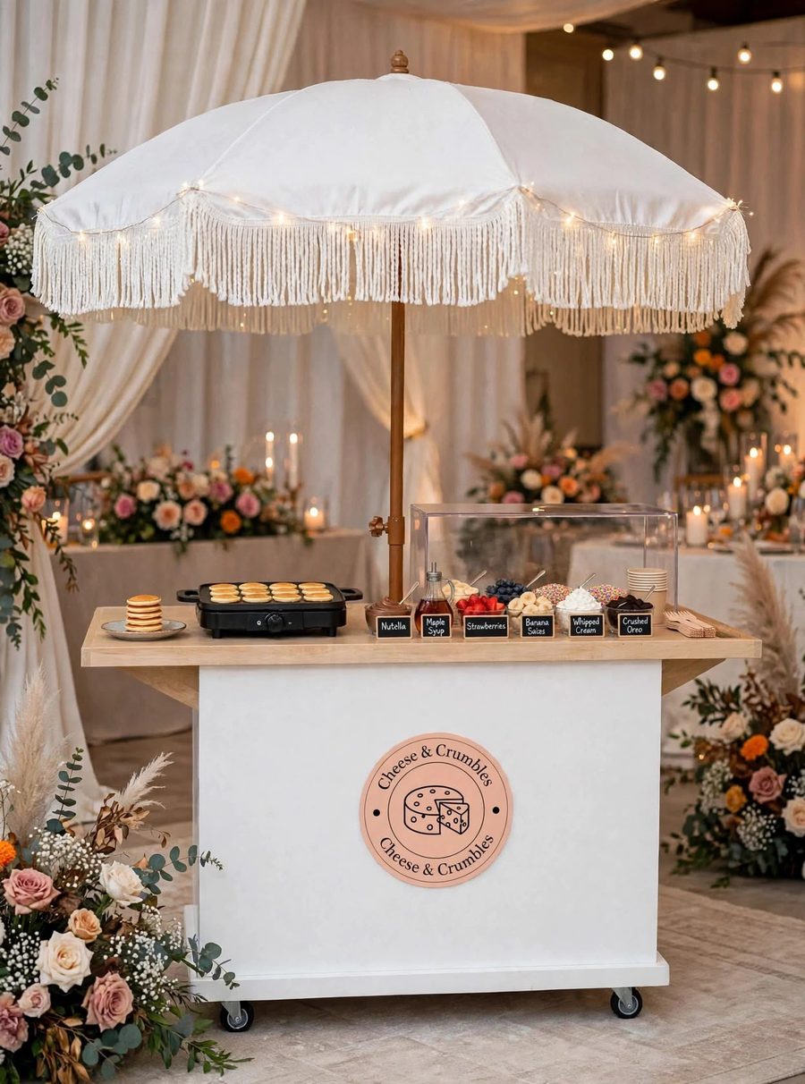 The Cheese & Crumbles pancake cart under a fringed umbrella, with a griddle of mini pancakes and a row of toppings